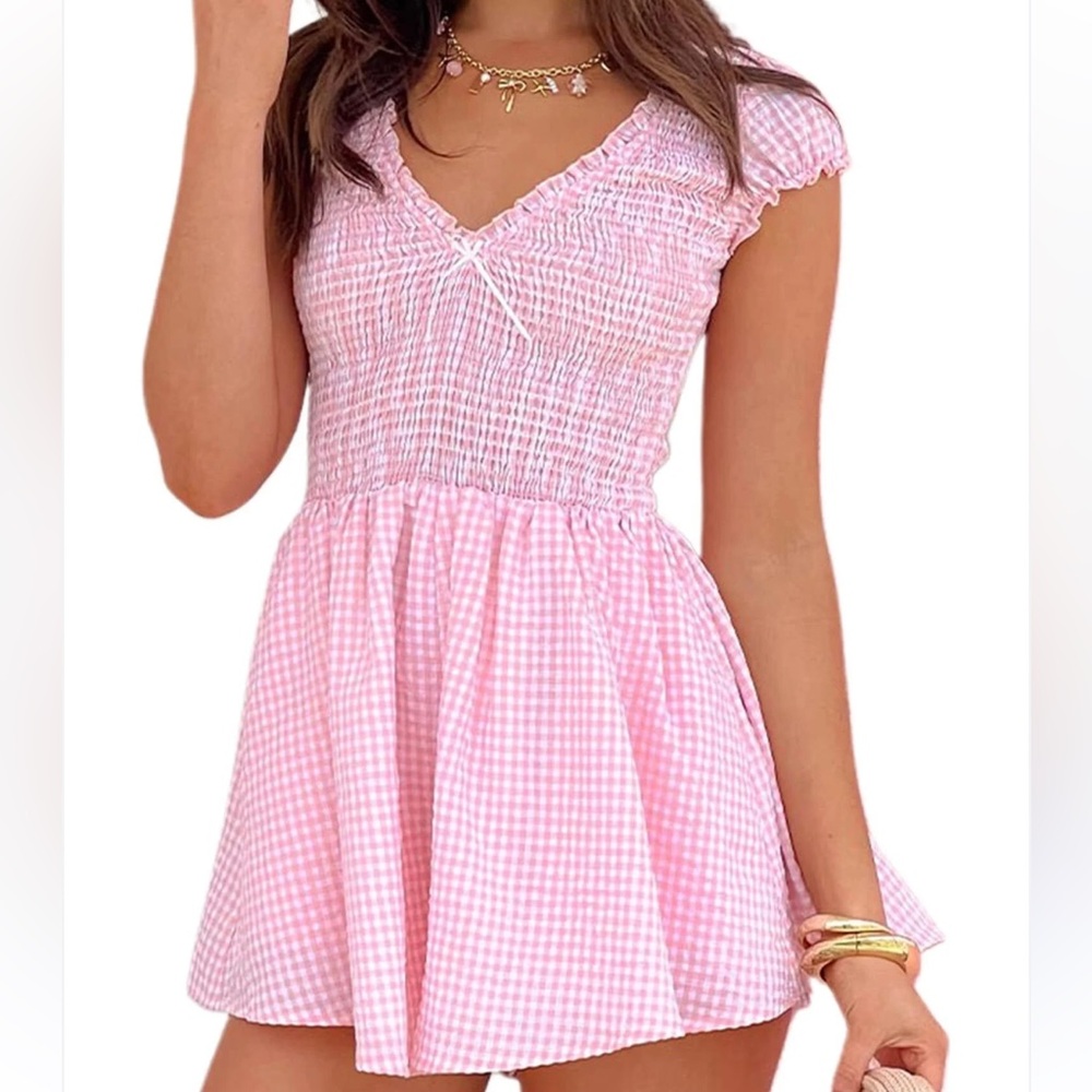 Pink Gingham Romper with Ruffle Sleeves